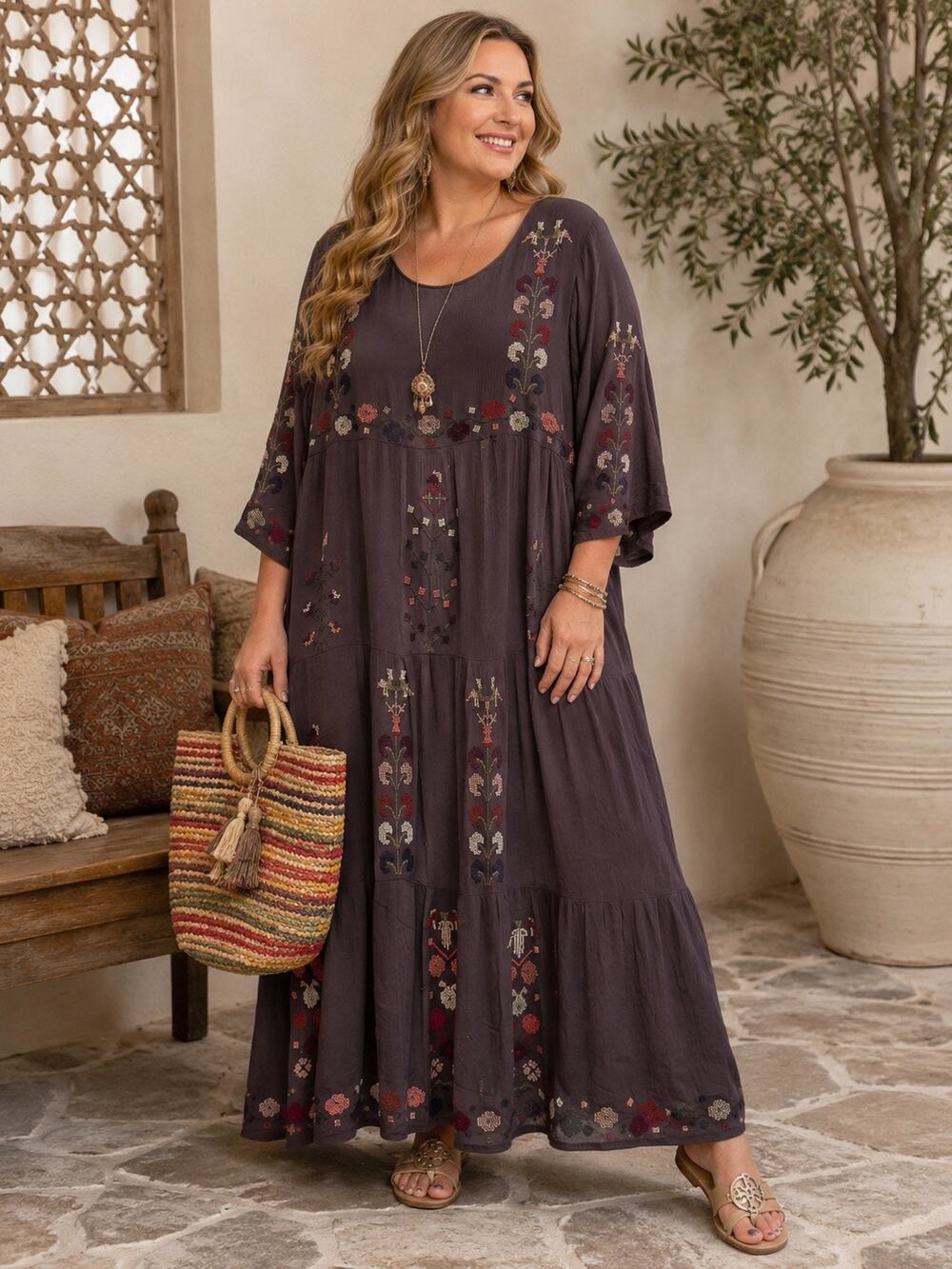 orange creek Dark Plum Embroidered Midi Dress